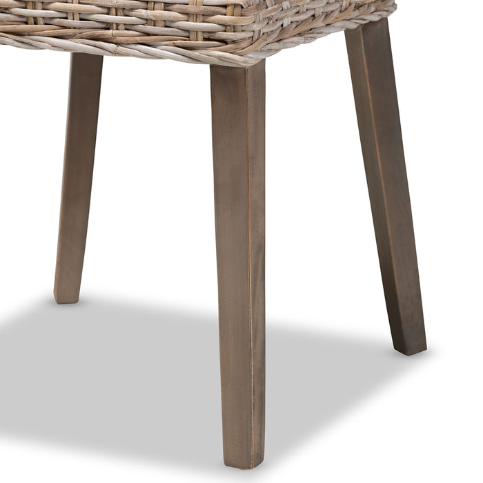 MAGY BOHEMIAN GREY RATTAN AND NATURAL BROWN FINISHED WOOD DINING CHAIR