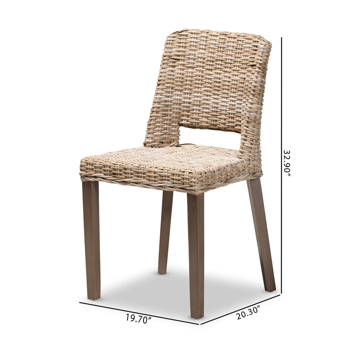 MAGY BOHEMIAN GREY RATTAN AND NATURAL BROWN FINISHED WOOD DINING CHAIR