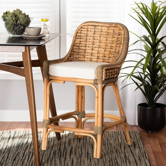 Kyle Modern Bohemian Rattan Counter Stool with Cushion