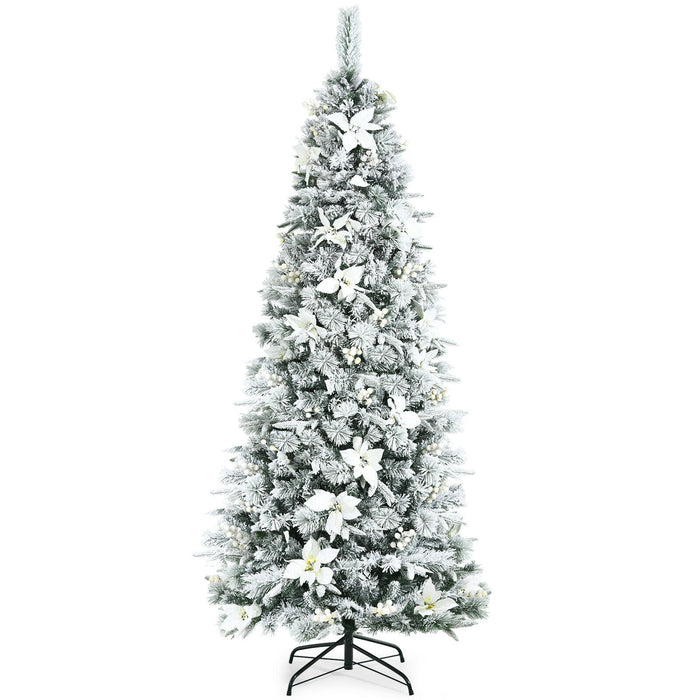 7 Feet Pre Lit Flocked Christmas Tree With Berries And Poinsetta Flowers