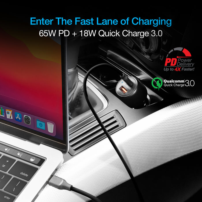 SpeedMax65 65W USB-C PD + USB Laptop Car Charger with Quick Charge 3.0 For iPhone and Android