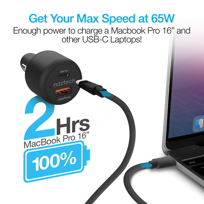 SpeedMax65 65W USB-C PD + USB Laptop Car Charger with Quick Charge 3.0 For iPhone and Android