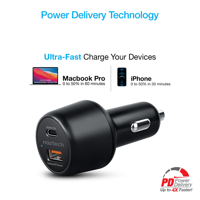 SpeedMax65 65W USB-C PD + USB Laptop Car Charger with Quick Charge 3.0 For iPhone and Android