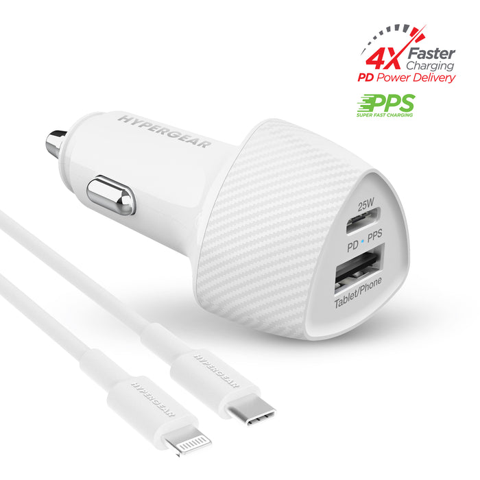 SpeedBoost 25W USB-C PD + 12W USB Fast Car Charger with PPS | 4ft MFi Lightning Cable