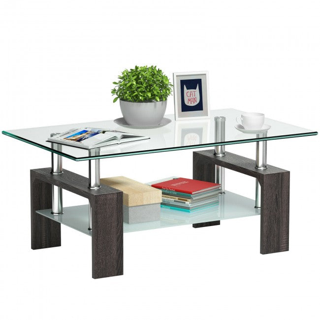 Rectangular Tempered Glass Coffee Table with Shelf/Black