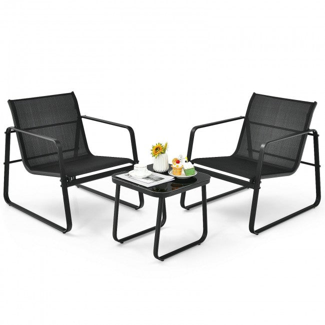 3 Pieces Patio Bistro Furniture Set with Glass Top Table/Black