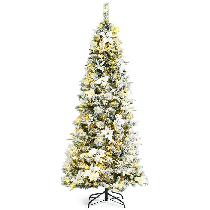 7 Feet Pre Lit Flocked Christmas Tree With Berries And Poinsetta Flowers