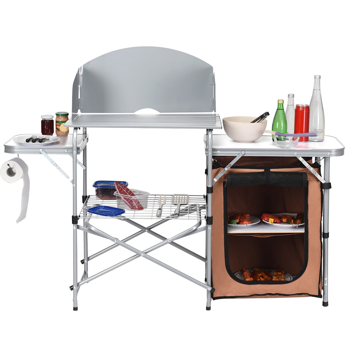 Foldable Outdoor BBQ Grilling Table with Windscreen Bag