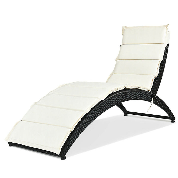Folding Patio Rattan Portable Lounge Chair Chaise with Cushion/Beige - Cool Stuff & Accessories
