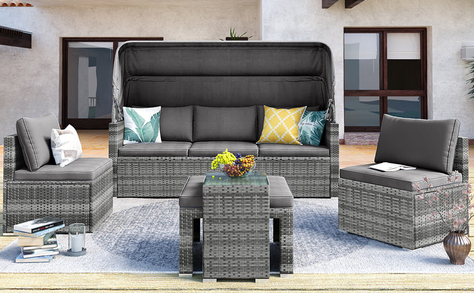 5 Pieces Outdoor Sectional Patio Rattan Sofa Set Rattan Daybed/Grey