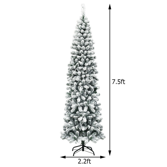7.5 Feet Unlit Hinged Snow Flocked Artificial Pencil Christmas Tree
