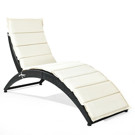Folding Patio Rattan Portable Lounge Chair Chaise with Cushion/Beige - Cool Stuff & Accessories