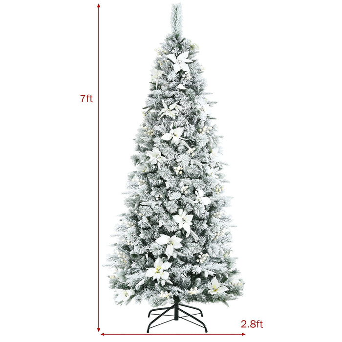 7 Feet Pre Lit Flocked Christmas Tree With Berries And Poinsetta Flowers