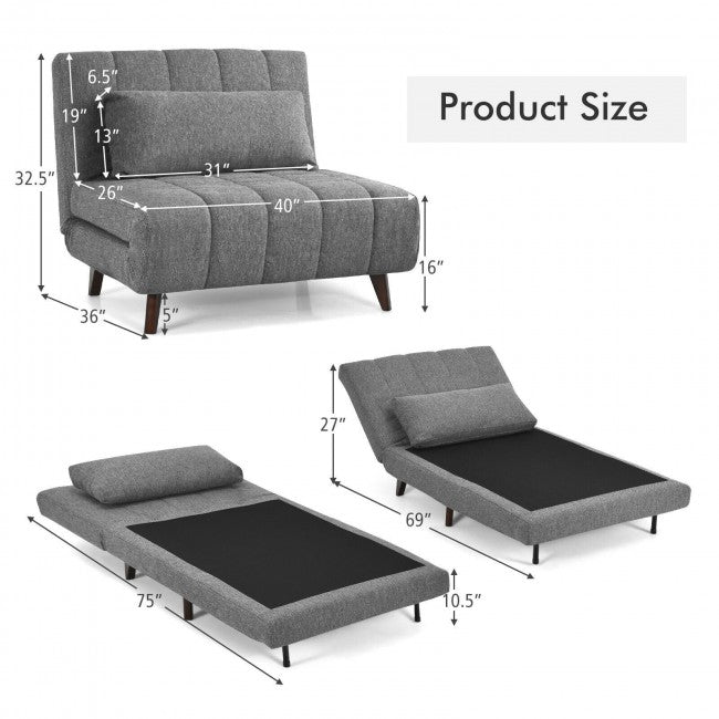 3 Position Folding Convertible Sofa Bed with Pillow/Grey