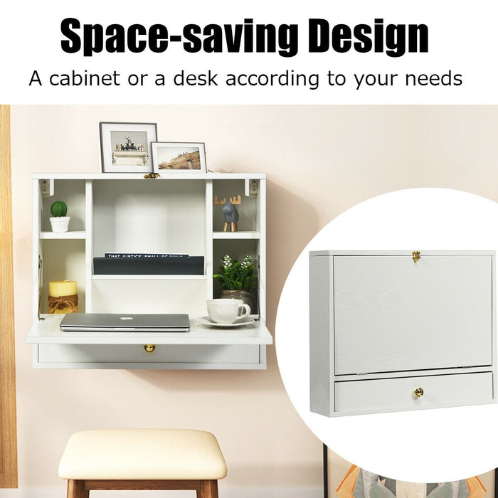 Wall Mounted Folding Laptop Desk Hideaway Storage with Drawer/White - Cool Stuff & Accessories