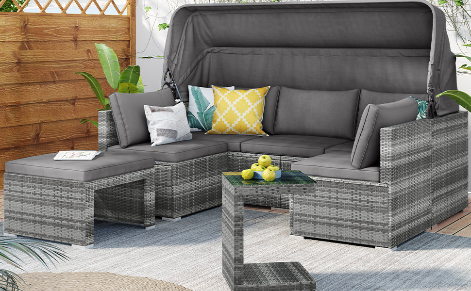 5 Pieces Outdoor Sectional Patio Rattan Sofa Set Rattan Daybed/Grey