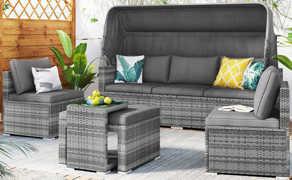 5 Pieces Outdoor Sectional Patio Rattan Sofa Set Rattan Daybed/Grey