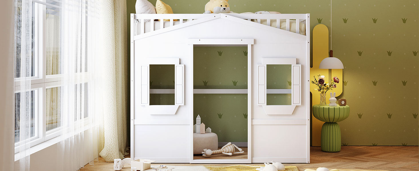 Twin Size House Loft Bed With Ladder/White