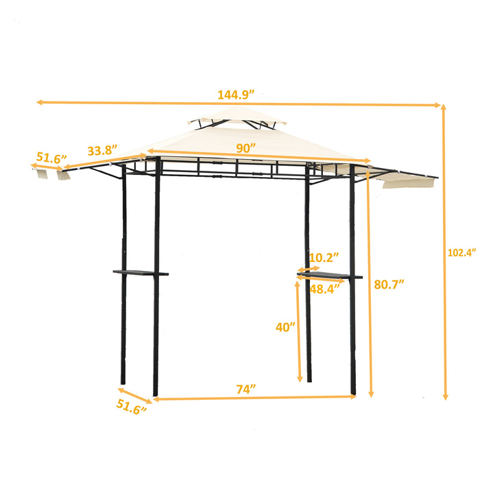 Iron Double Tiered Backyard Patio BBQ Grill Gazebo with Bar Counters, Beige