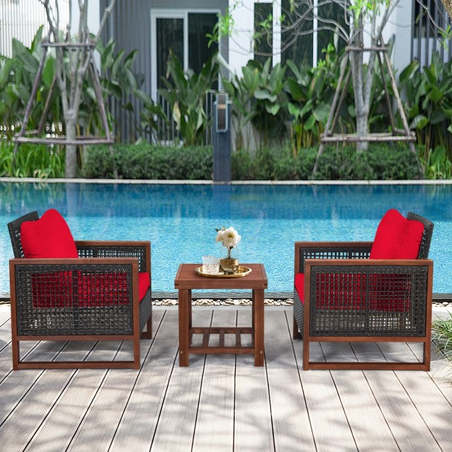 3 Pcs Patio Wicker Sofa Set With Cushion/ Turquoise/ Navy/ Red/Beige