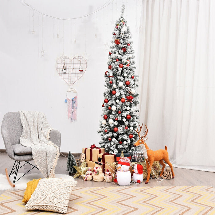 7.5 Feet Unlit Hinged Snow Flocked Artificial Pencil Christmas Tree