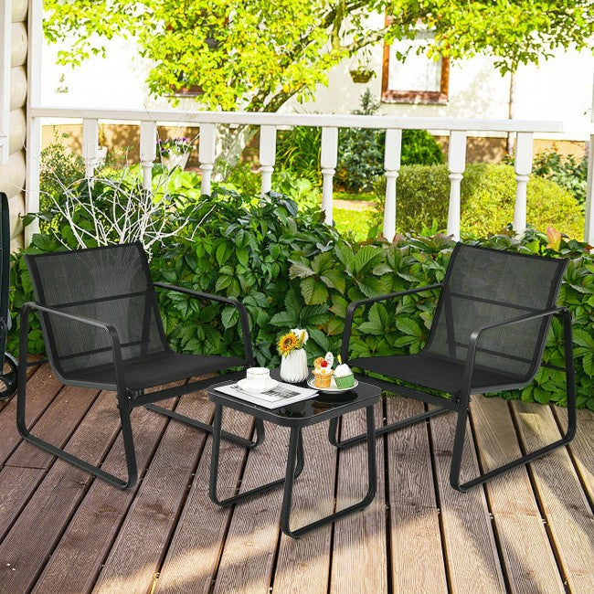 3 Pieces Patio Bistro Furniture Set with Glass Top Table/ Black