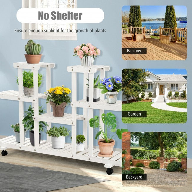 4 Tier Wood Casters Rolling Shelf Plant Stand/ White