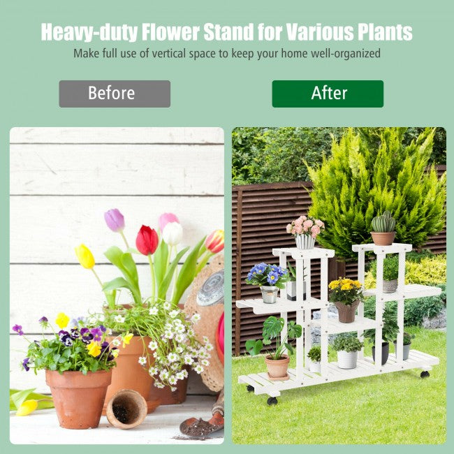 4 Tier Wood Casters Rolling Shelf Plant Stand/ White