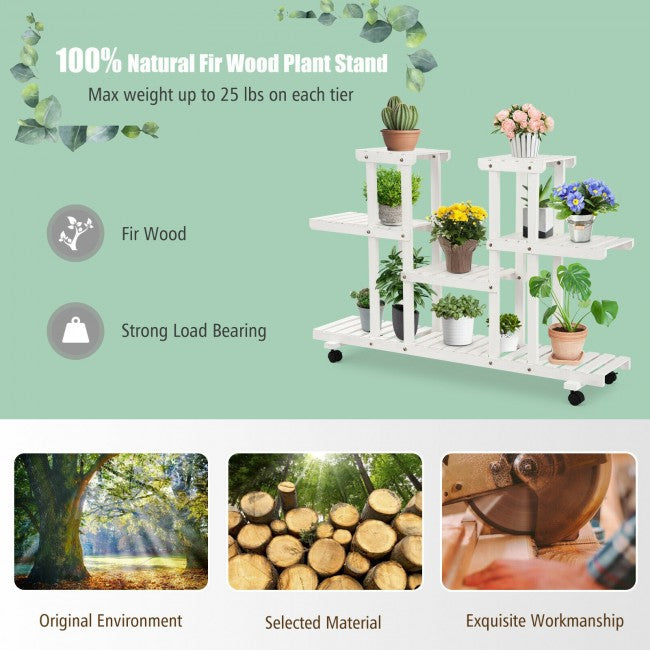 4 Tier Wood Casters Rolling Shelf Plant Stand/ White