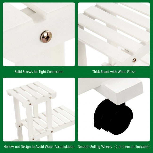 4 Tier Wood Casters Rolling Shelf Plant Stand/ White
