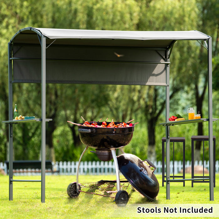 Iron Double Tiered Backyard Patio BBQ Grill Gazebo with Side Awning, Gray