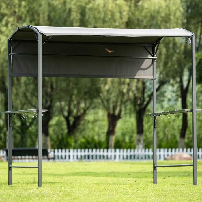 Iron Double Tiered Backyard Patio BBQ Grill Gazebo with Side Awning, Gray