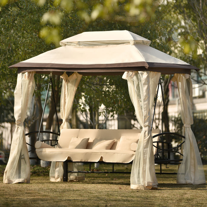 Outdoor Gazebo with Convertible Swing Bench, Beige