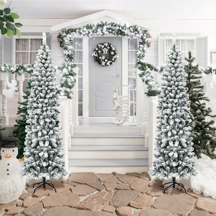 7.5 Feet Unlit Hinged Snow Flocked Artificial Pencil Christmas Tree