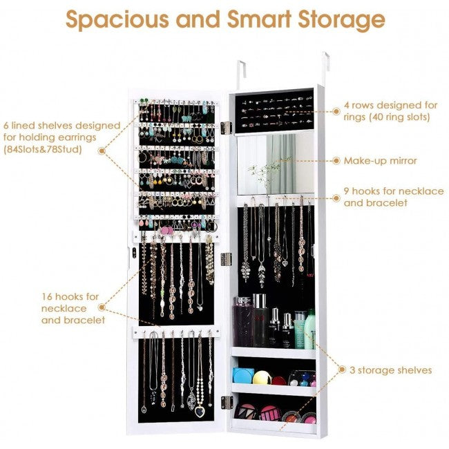 Wall Door Mounted Mirrored Jewelry Cabinet Storage/White