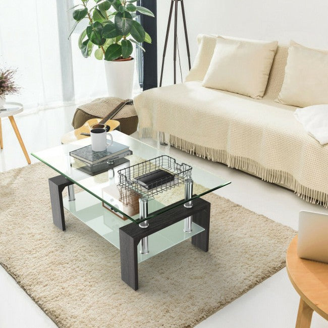 Rectangular Tempered Glass Coffee Table with Shelf/Black