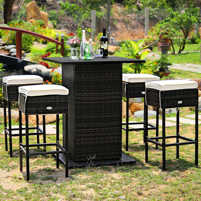 5 Pieces Patio Rattan Cushioned Bar Furniture Set/White