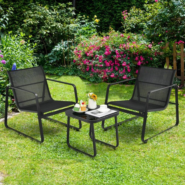 3 Pieces Patio Bistro Furniture Set with Glass Top Table/Black