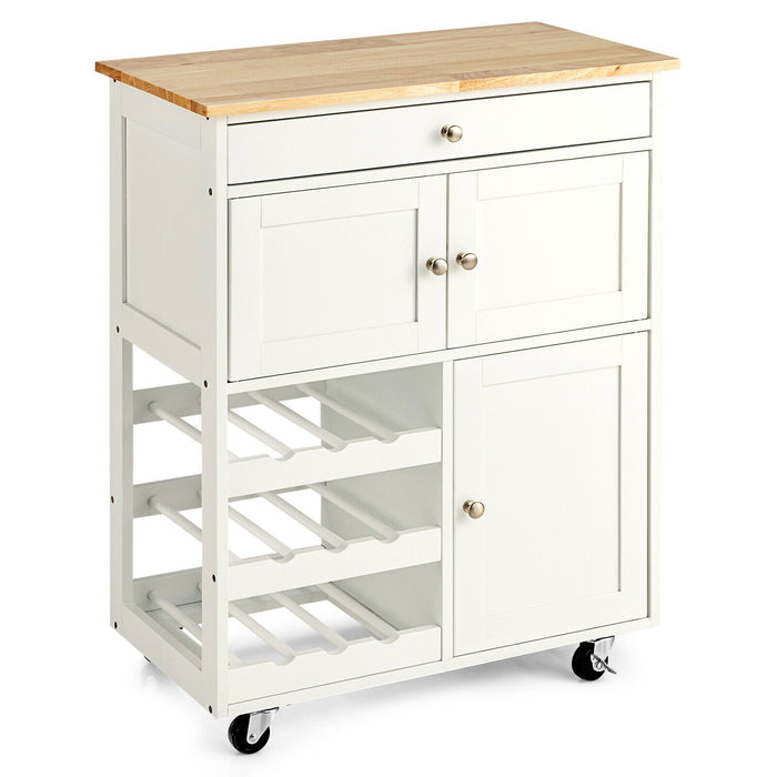 Kitchen Cart with Rubber Wood Top 3 Tier Wine Racks 2 Cabinets/White - Cool Stuff & Accessories