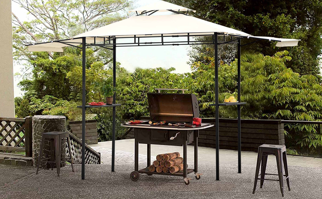 Iron Double Tiered Backyard Patio BBQ Grill Gazebo with Bar Counters, Beige