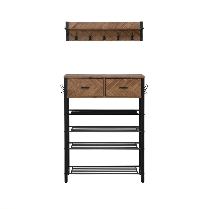 Entryway 4 Tier Shoe Rack With Hall Tree/ Brown