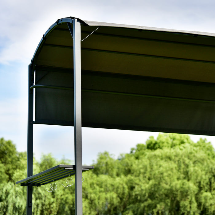 Iron Double Tiered Backyard Patio BBQ Grill Gazebo with Side Awning, Gray