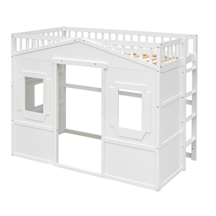 Twin Size House Loft Bed With Ladder/White