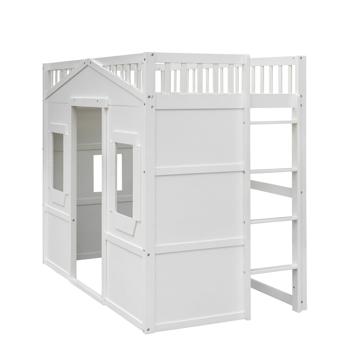 Twin Size House Loft Bed With Ladder/White