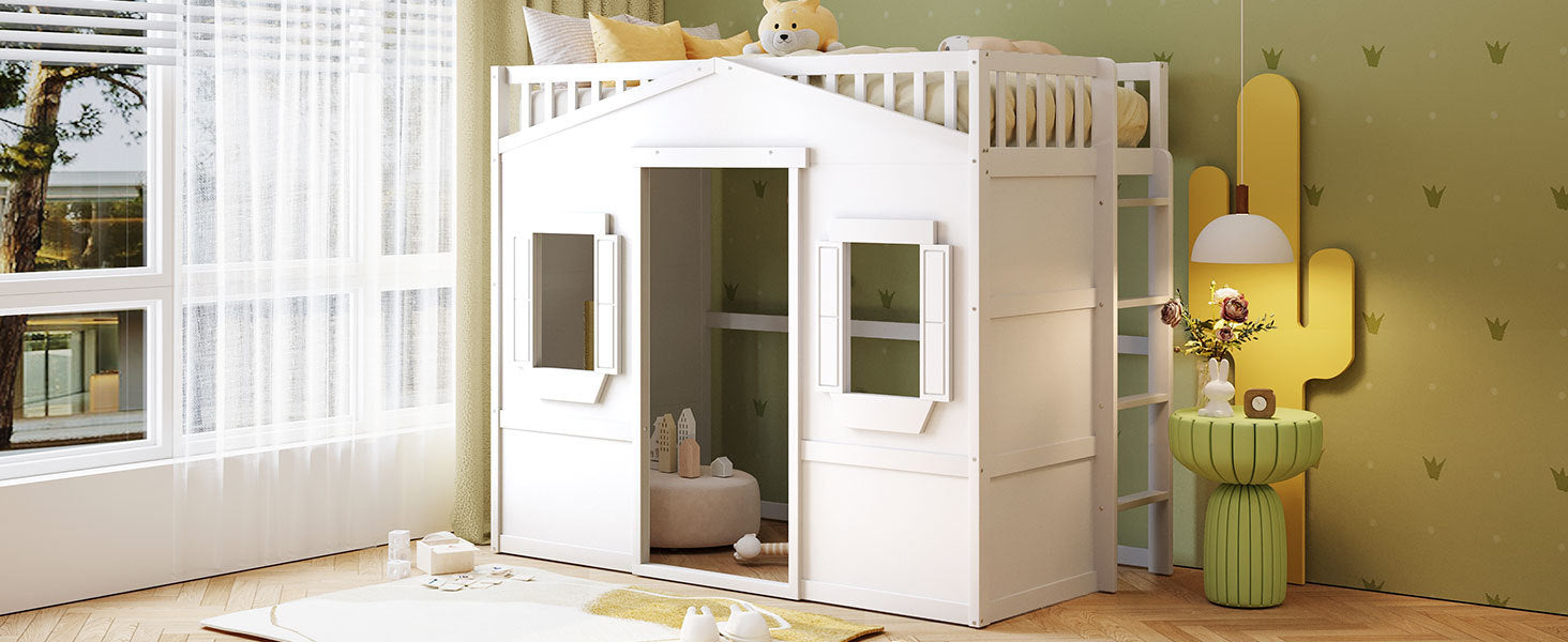 Twin Size House Loft Bed With Ladder/White