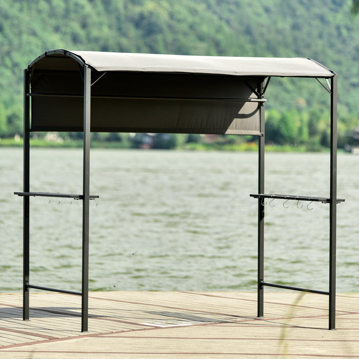 Iron Double Tiered Backyard Patio BBQ Grill Gazebo with Side Awning, Gray