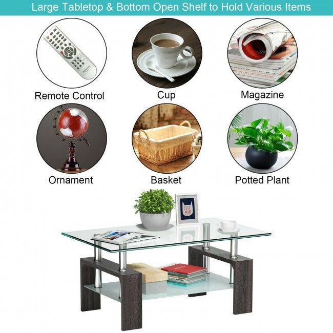 Rectangular Tempered Glass Coffee Table with Shelf/Black