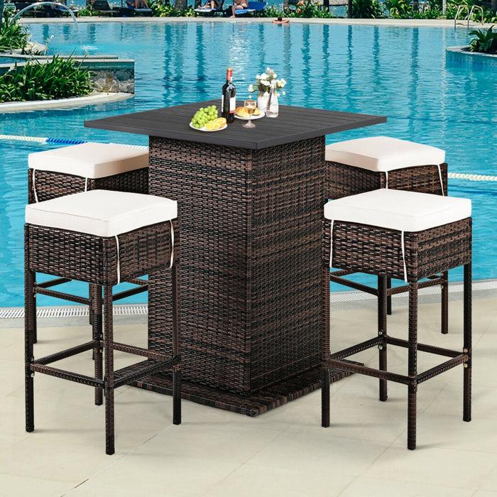 5 Pieces Patio Rattan Cushioned Bar Furniture Set/White