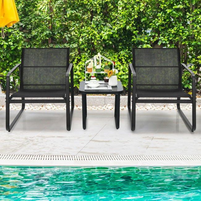 3 Pieces Patio Bistro Furniture Set with Glass Top Table/Black