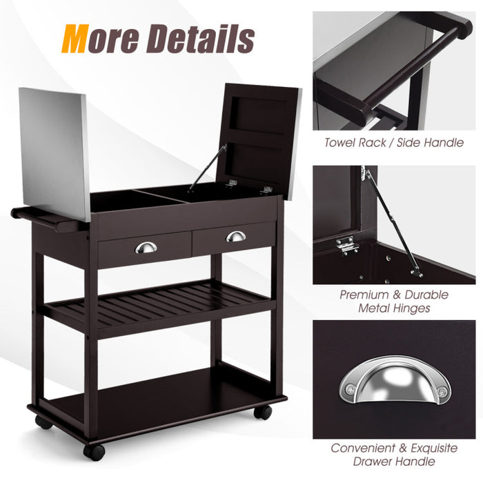 Kitchen Island Cart  wIth Stainless Steel Flip Top/Dark Brown